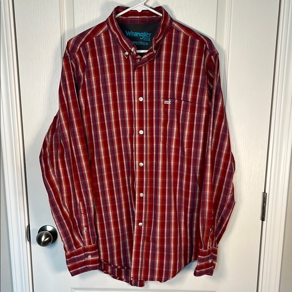 Wrangler 20X Men’s Plaid Button Down Red Shirt Size Large